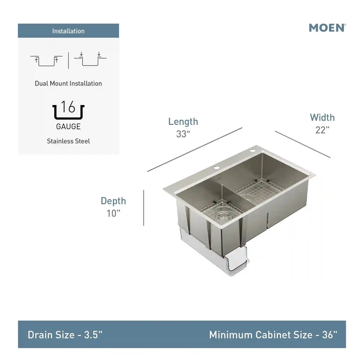 Luxe Chef™ 33” Workstation System Steel Dual Mount Double Bowl Sink