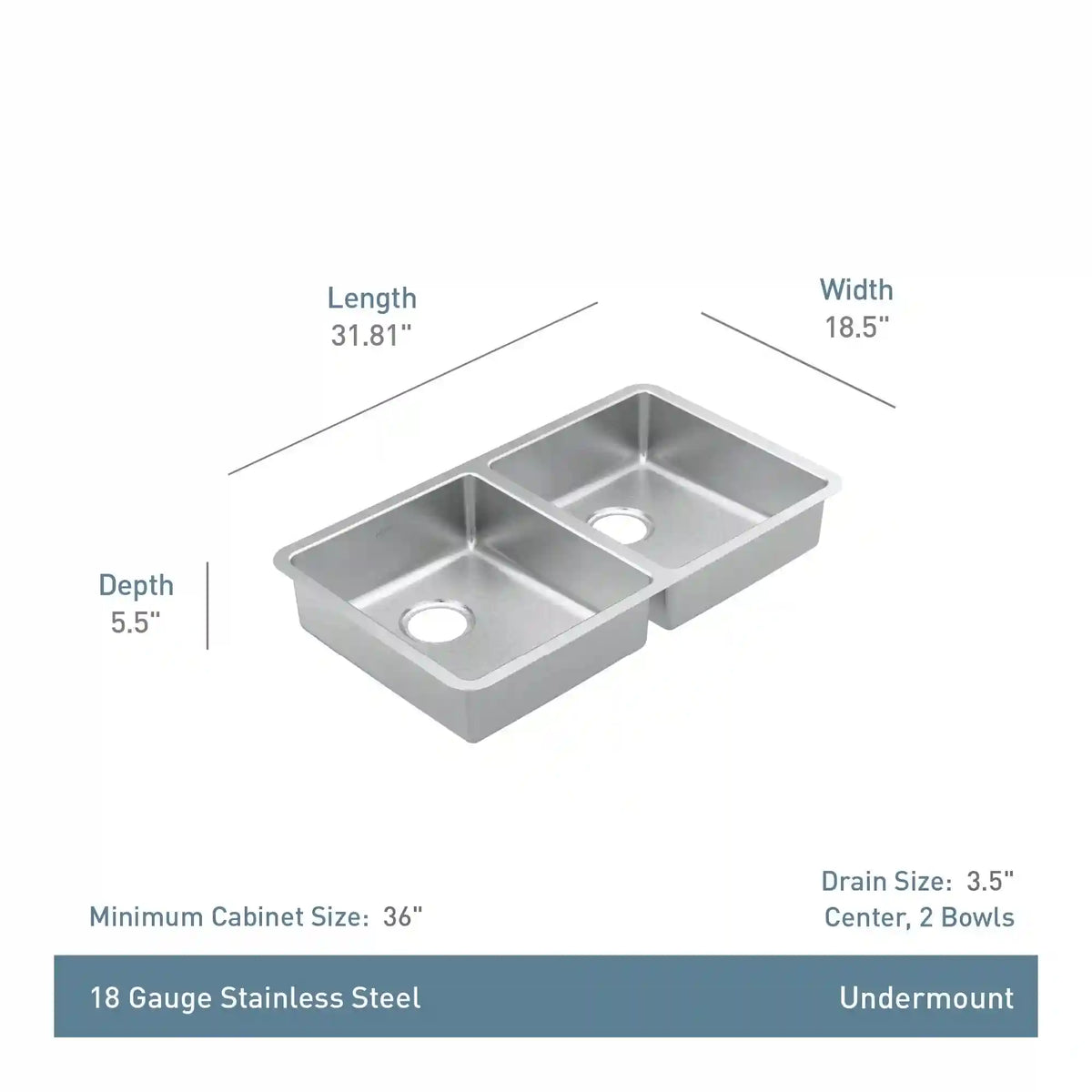 Prep 32" Steel Undermount Double Bowl Sink
