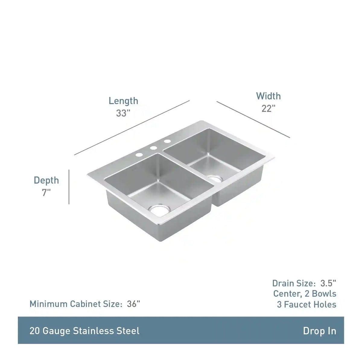 Prep 33" Steel Drop-In Double Bowl Sink