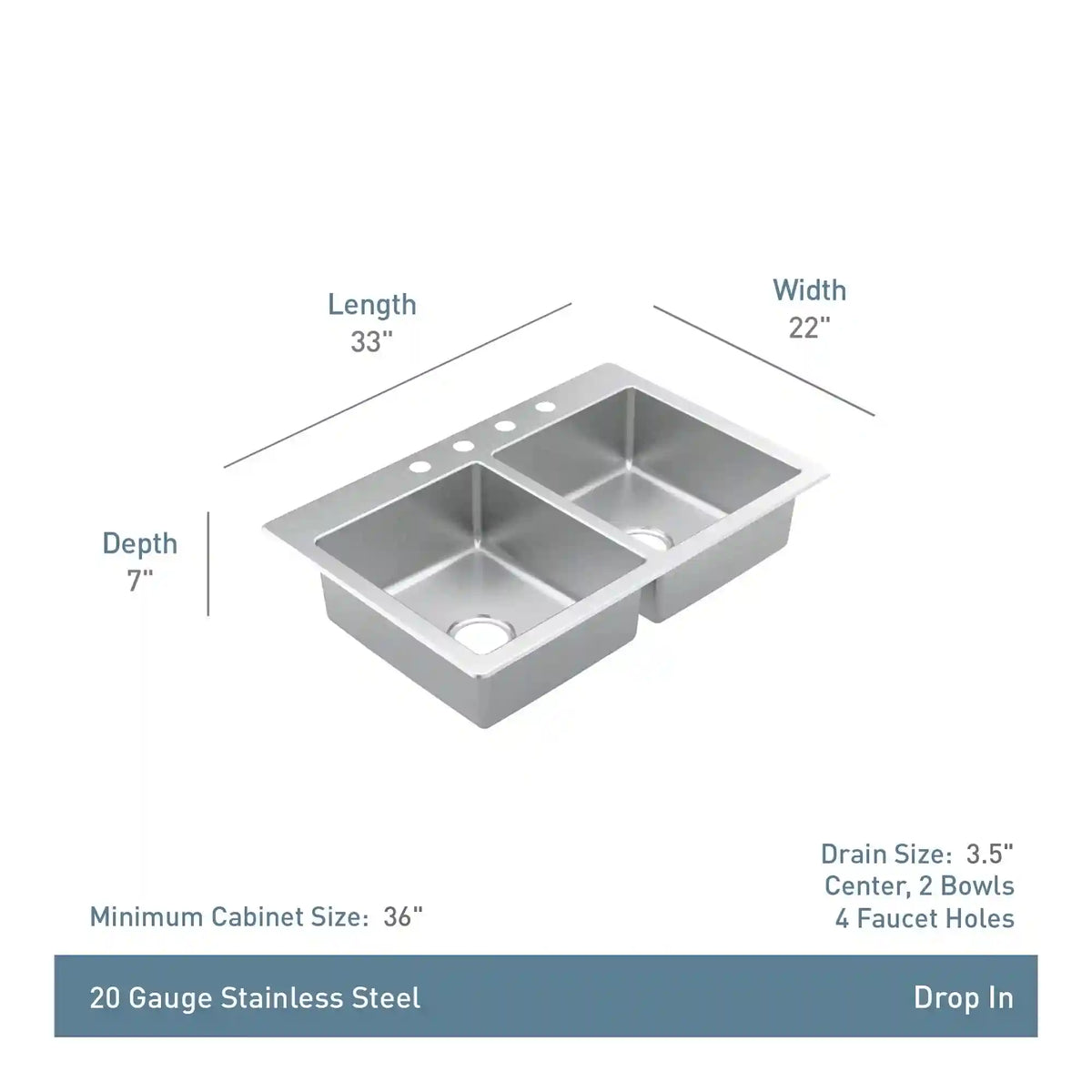 Prep 33" Steel Drop-In Double Bowl Sink