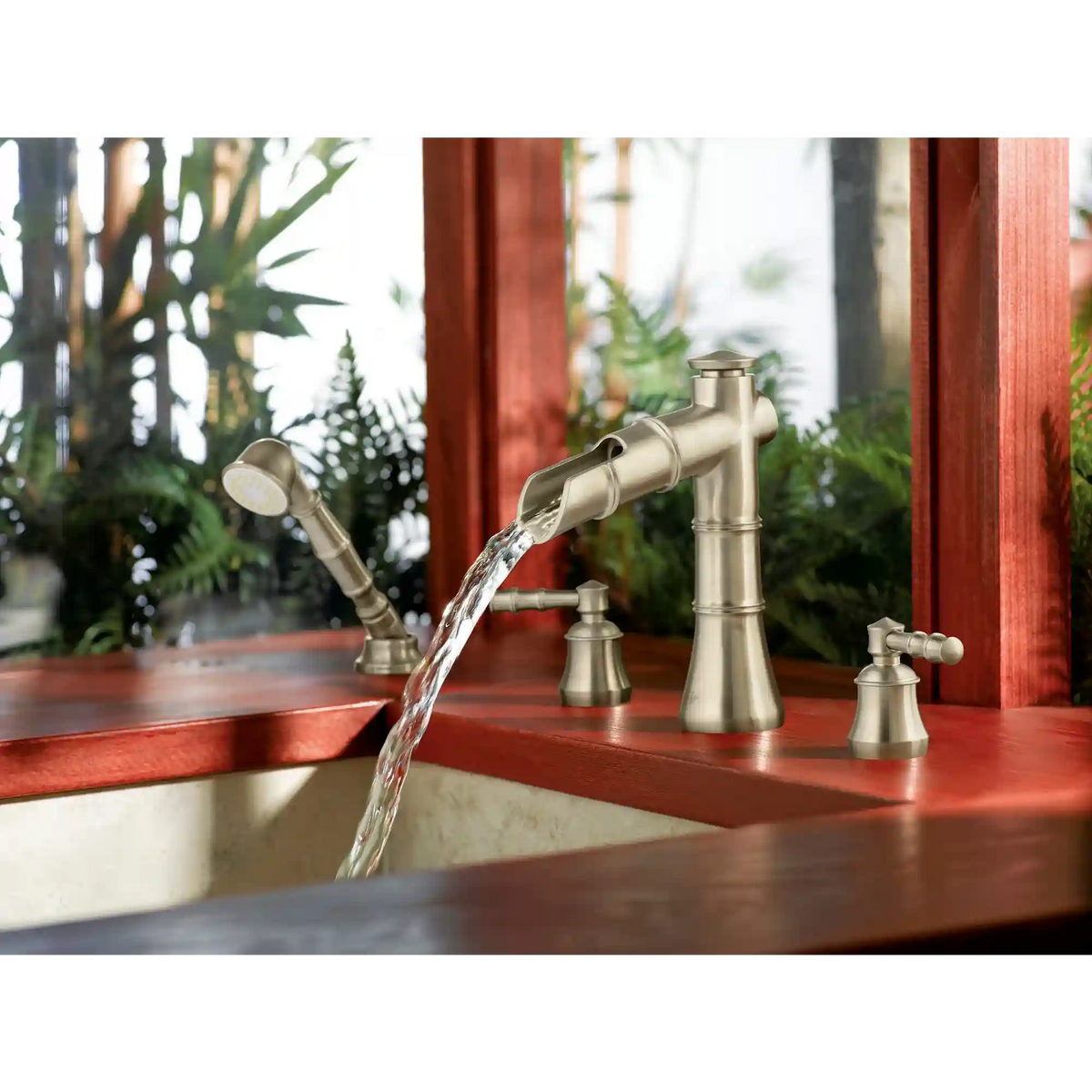 Bamboo Two-Handle Open Waterway Roman Tub Faucet Includes Hand Shower